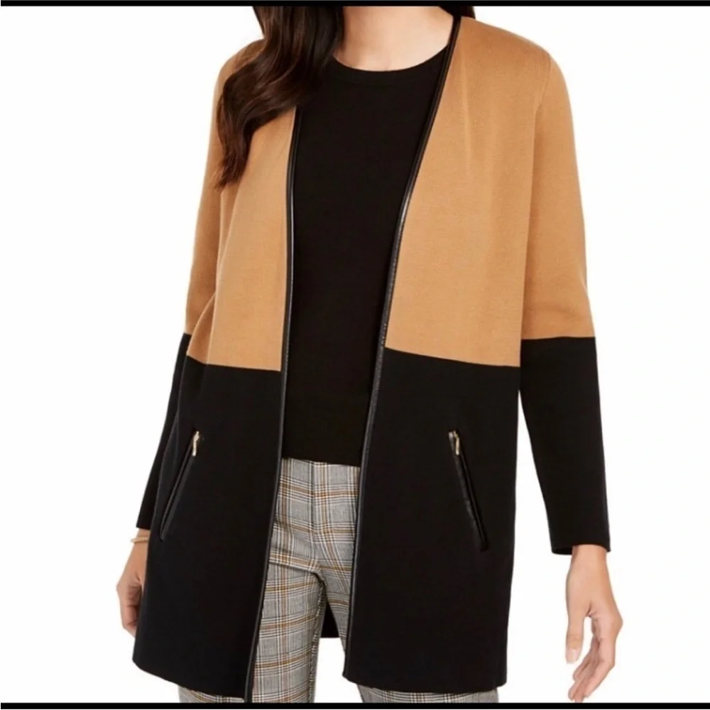 Charter Club Milano white navy faux leather open knit sweater cardigan jacket